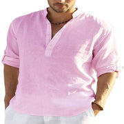 Men's Casual Cotton Linen Solid Color- Long Sleeve Shirt- Loose Collar