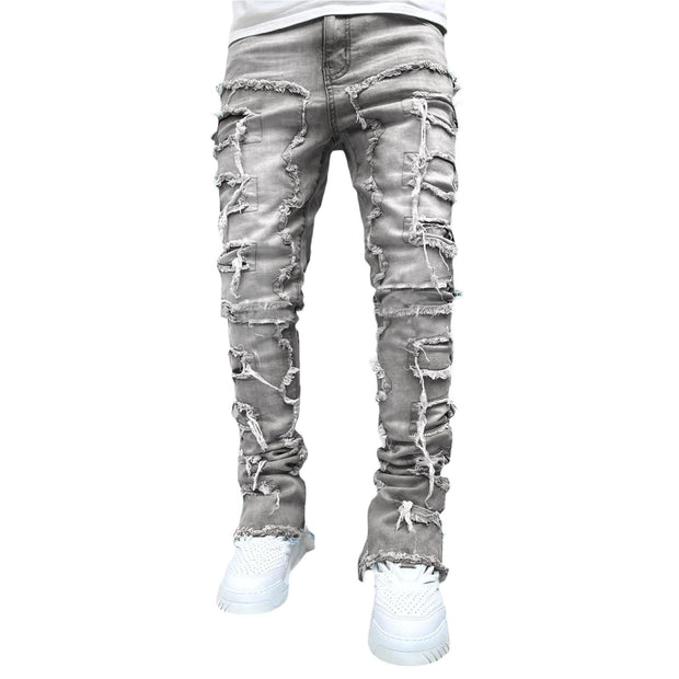 Men Trousers Individual Patched PantsLong Tight Fit Stacked JeansStyle