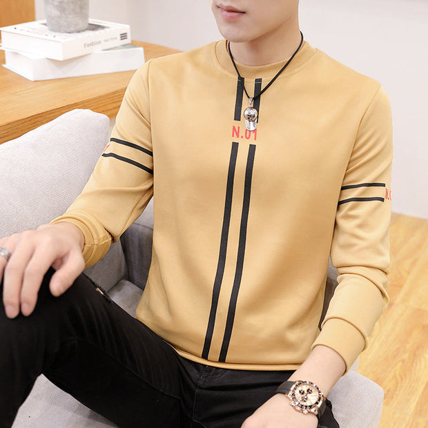 Spring and Autumn New mens printed long-sleeved T-shirt teenround neck