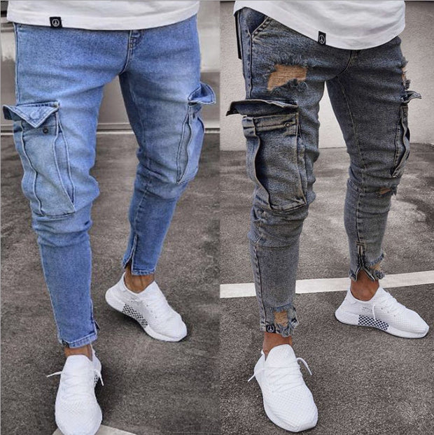 Cargo Hole Denim Jeans Men Very Comfortable Pants Tight Type.Stylish..