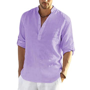 Men's Casual Cotton Linen Solid Color- Long Sleeve Shirt- Loose Collar