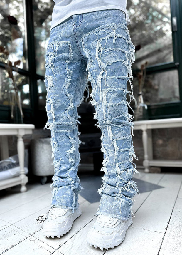 Men Trousers Individual Patched PantsLong Tight Fit Stacked JeansStyle