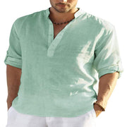 Men's Casual Cotton Linen Solid Color- Long Sleeve Shirt- Loose Collar