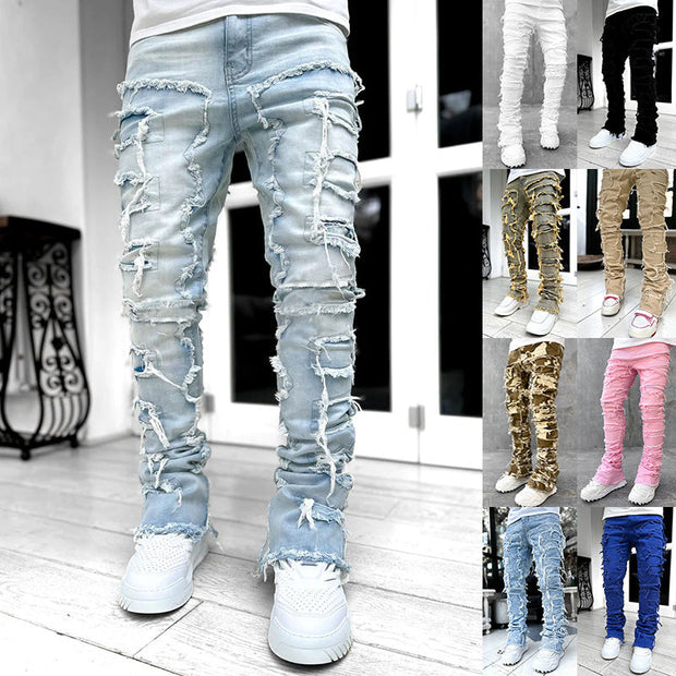 Men Trousers Individual Patched PantsLong Tight Fit Stacked JeansStyle