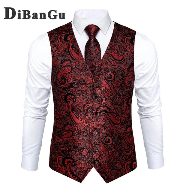 Wedding Male Satin Burgundy Red Waistcoat Sleeveless Jacket