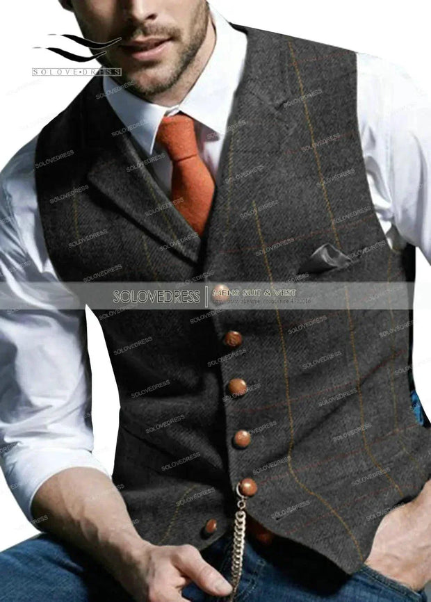 Army Green Vest Plaid Soft Wool Jacket Tweed Business Waistcoat