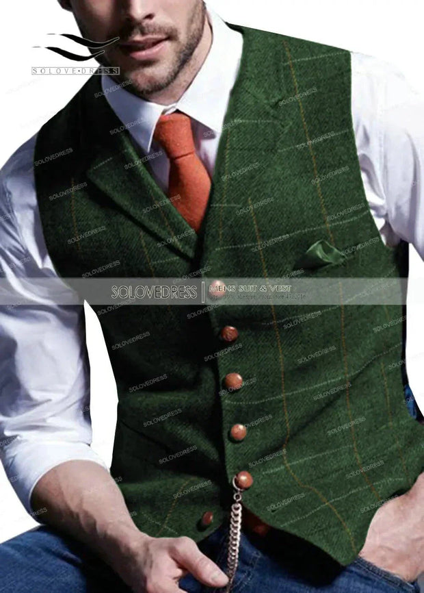 Army Green Vest Plaid Soft Wool Jacket Tweed Business Waistcoat