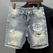 mens casual y2k cute bear print ripped denim shorts 2024