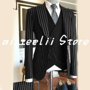 Suit 3 Piece Striped Blazer for Formal Wedding Tuxedo Homme