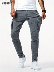 Street ElasticJeans Men DenimCargo Pants Wash Solid Color MultiPockets