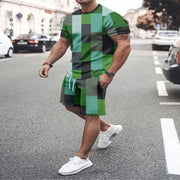 Men's Summer Plaid + Striped Shorts Set T-shirt Two-piece