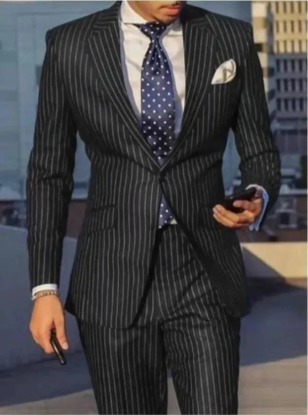 2024 Navy Blue 2 Piece Slim Fit Business Men Suit Stripe