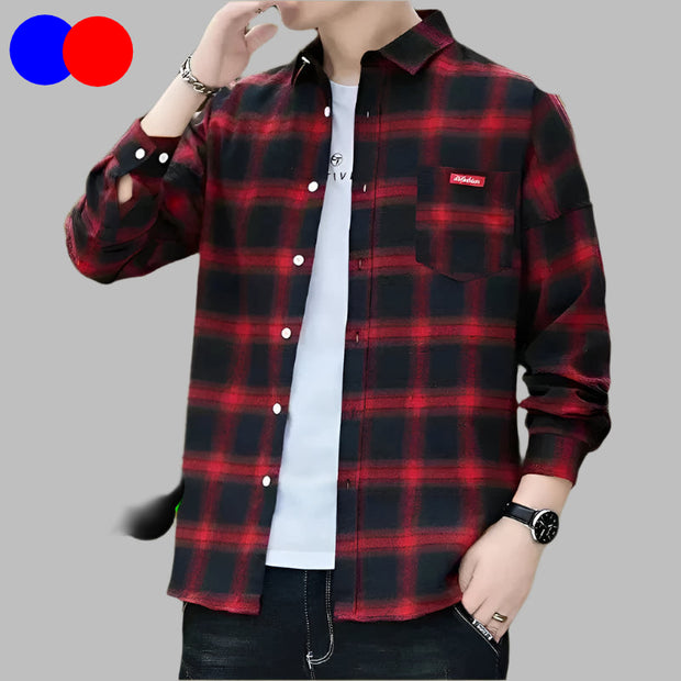 Flannel Plaid Shirt - Red Black Checkered Long Sleeve Office Wear