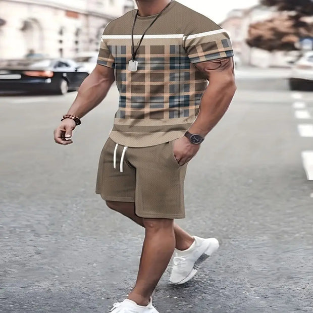 Men's Summer Plaid + Striped Shorts Set T-shirt Two-piece