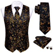 Barry.Wang Men's Suit Vest Gray Jacquard Floral Waistcoat Tie Pocket ,