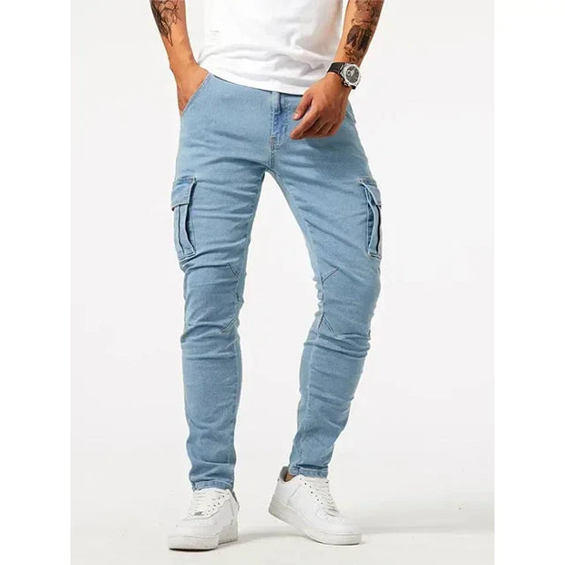 Street ElasticJeans Men DenimCargo Pants Wash Solid Color MultiPockets