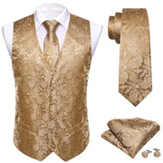 Barry.Wang Men's Suit Vest Gray Jacquard Floral Waistcoat Tie Pocket ,