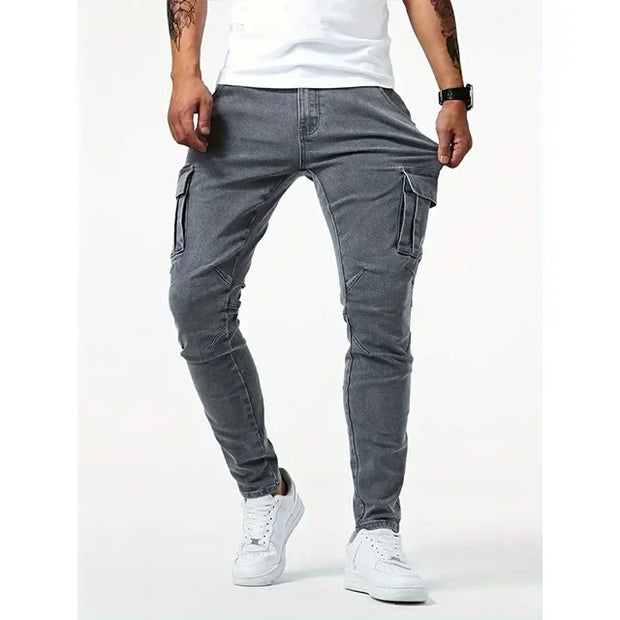 Street ElasticJeans Men DenimCargo Pants Wash Solid Color MultiPockets