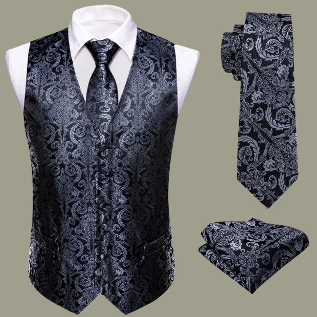 Barry.Wang Men's Suit Vest Gray Jacquard Floral Waistcoat Tie Pocket ,