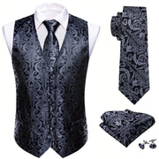 Barry.Wang Men's Suit Vest Gray Jacquard Floral Waistcoat Tie Pocket ,