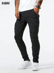 Street ElasticJeans Men DenimCargo Pants Wash Solid Color MultiPockets