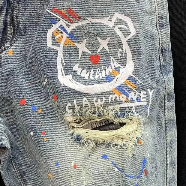 mens casual y2k cute bear print ripped denim shorts 2024