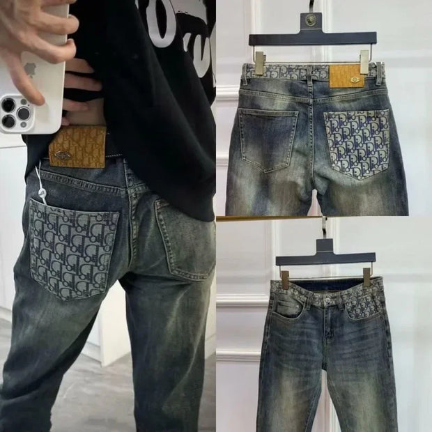 Trendy High-end Men's Jeans Slim Fit Printed Back Pocket Stylish Brand