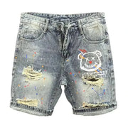 mens casual y2k cute bear print ripped denim shorts 2024