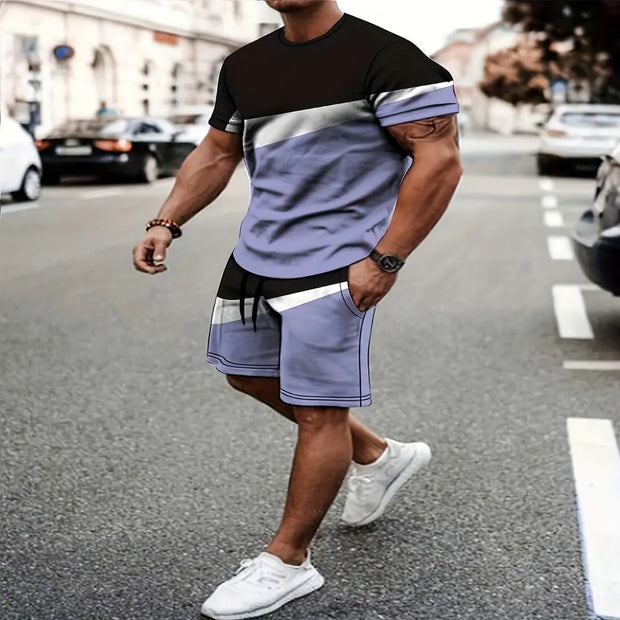 Men's Summer Plaid + Striped Shorts Set T-shirt Two-piece