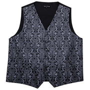 Barry.Wang Men's Suit Vest Gray Jacquard Floral Waistcoat Tie Pocket ,