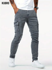 Street ElasticJeans Men DenimCargo Pants Wash Solid Color MultiPockets