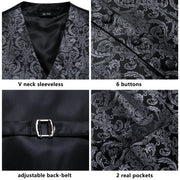 Barry.Wang Men's Suit Vest Gray Jacquard Floral Waistcoat Tie Pocket ,