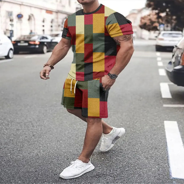 Men's Summer Plaid + Striped Shorts Set T-shirt Two-piece