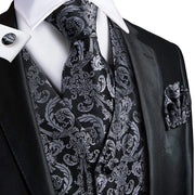 Barry.Wang Men's Suit Vest Gray Jacquard Floral Waistcoat Tie Pocket ,