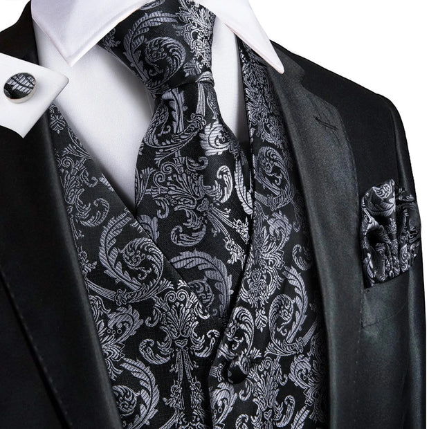 Barry.Wang Men's Suit Vest Gray Jacquard Floral Waistcoat Tie Pocket ,