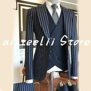 Suit 3 Piece Striped Blazer for Formal Wedding Tuxedo Homme