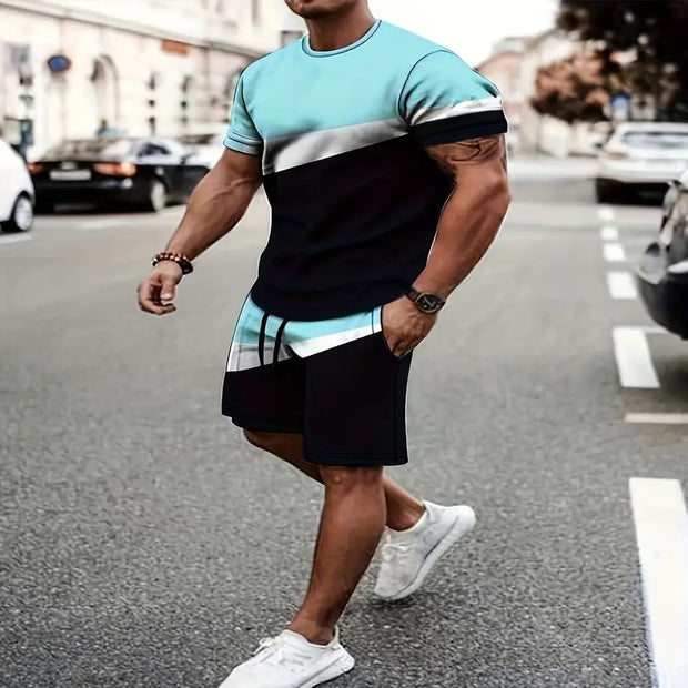 Men's Summer Plaid + Striped Shorts Set T-shirt Two-piece