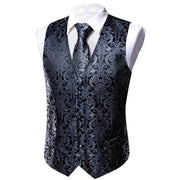 Barry.Wang Men's Suit Vest Gray Jacquard Floral Waistcoat Tie Pocket ,