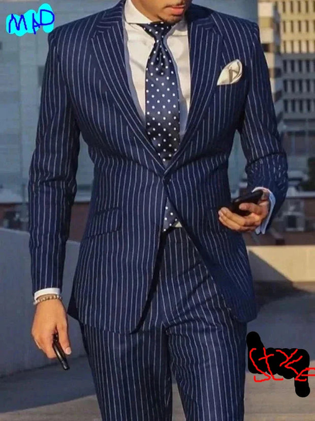 2024 Navy Blue 2 Piece Slim Fit Business Men Suit Stripe