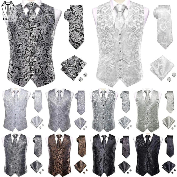 Hi-Tie Luxury Silk Mens Waistcoat Tie Set - Elegant Suit Vest