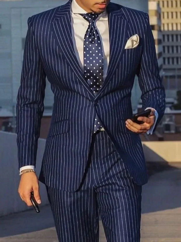 2024 Navy Blue 2 Piece Slim Fit Business Men Suit Stripe