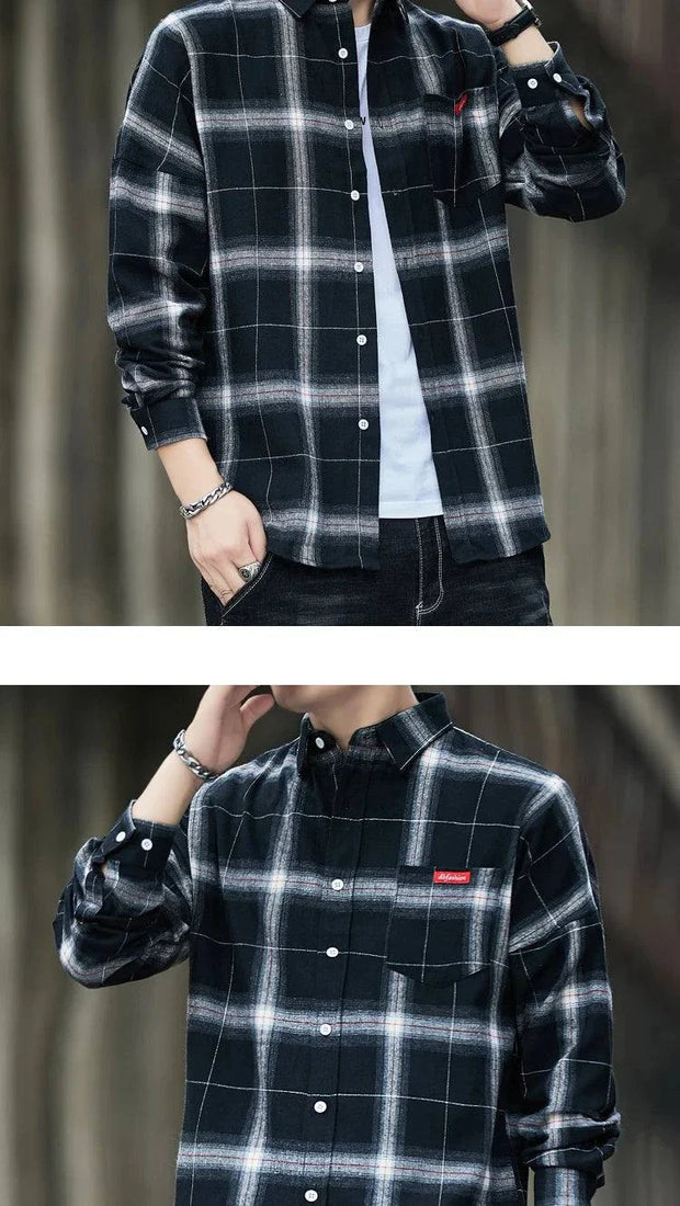 Flannel Plaid Shirt - Red Black Checkered Long Sleeve Office Wear