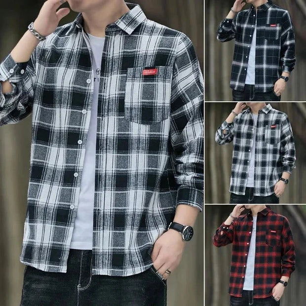 Flannel Plaid Shirt - Red Black Checkered Long Sleeve Office Wear