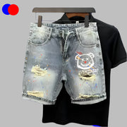 mens casual y2k cute bear print ripped denim shorts 2024