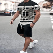 Men's Summer Plaid + Striped Shorts Set T-shirt Two-piece