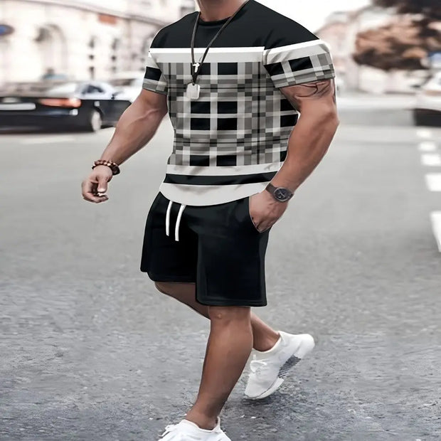 Men's Summer Plaid + Striped Shorts Set T-shirt Two-piece