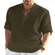 Men's Casual Cotton Linen Solid Color- Long Sleeve Shirt- Loose Collar