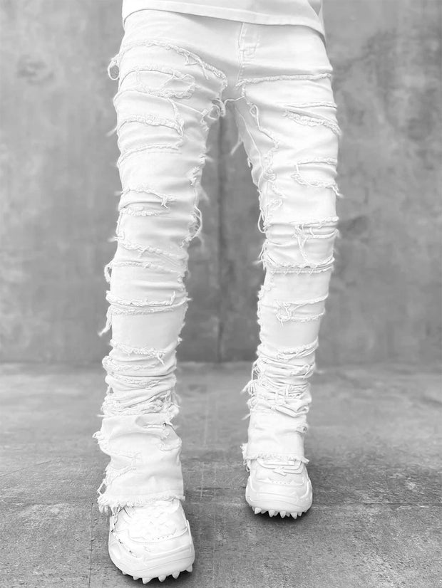 Men Trousers Individual Patched PantsLong Tight Fit Stacked JeansStyle