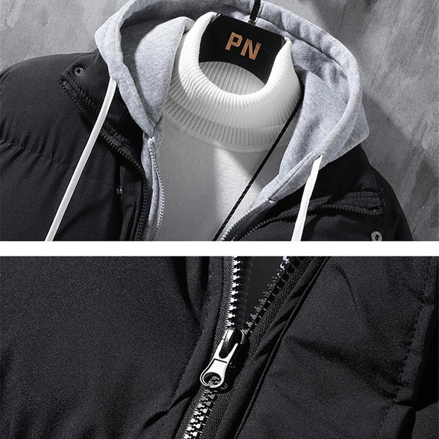 Fashion Hooded Cotton Jacket Men Winter Windproof Thickened Fake Two-piece