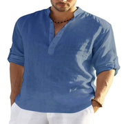 Men's Casual Cotton Linen Solid Color- Long Sleeve Shirt- Loose Collar